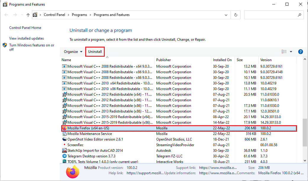 Select the Mozilla Firefox and click on the Uninstall button. Fix Firefox PR END OF FILE ERROR in Windows 10