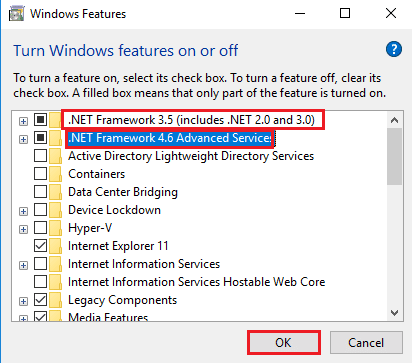 Select the .NET Framework features and click on the OK button