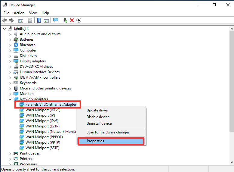 select the Network driver and select Properties. Windows Fix An Ethernet Cable is Not Properly Plugged In