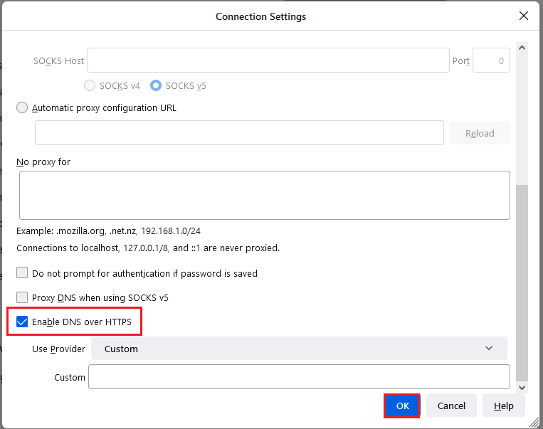 Выберите опцию «Включить настройки DNS через HTTPS» и нажмите кнопку «ОК». Исправить ОШИБКУ КОНЦА ФАЙЛА Firefox PR в Windows 10