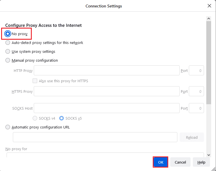 Select the option No proxy in the Configure Proxy Access to the Internet section and click on the OK button to save the setting