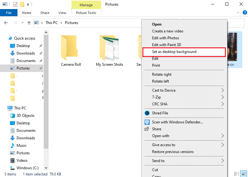 select the option of 'set as desktop background' from the context menu. | Fix black desktop background in Windows 10