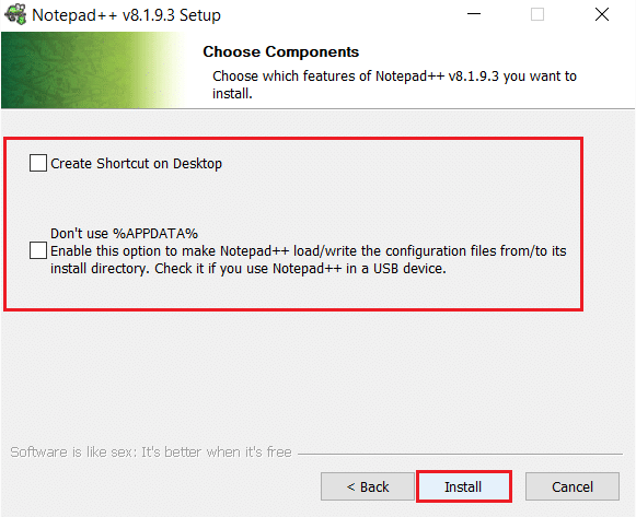 select the options in choose components window and click on Next in Notepad plus plus installation wizard