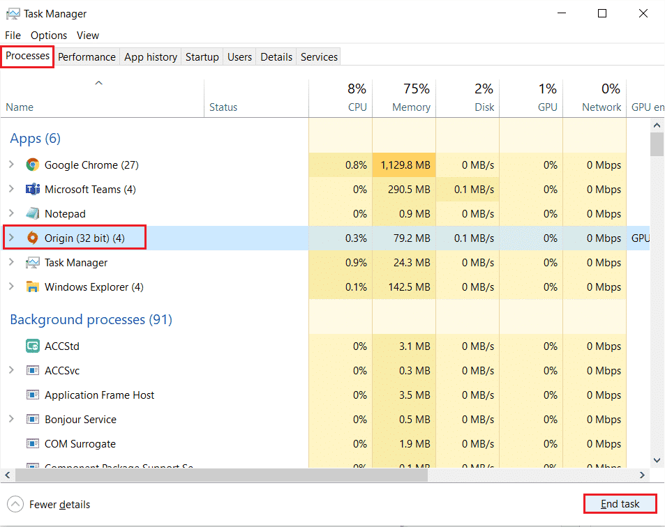 select the Origin process and click on End task in the Task Manager