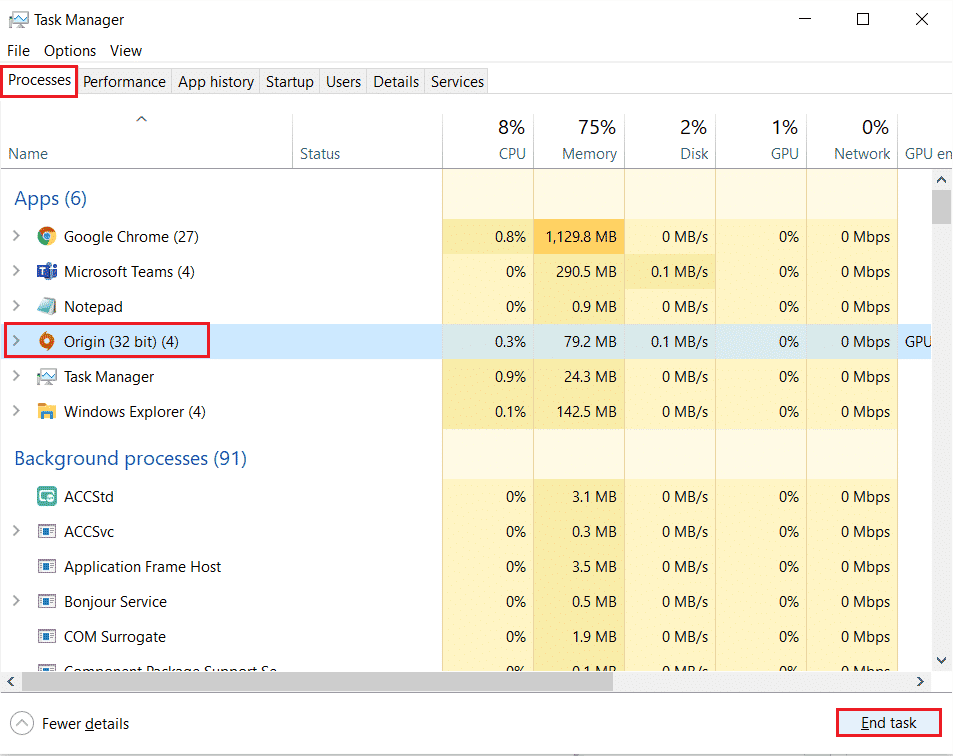 select the Origin process and click on End task in the Task Manager. Fix Origin Error 65546:0 in Windows 10