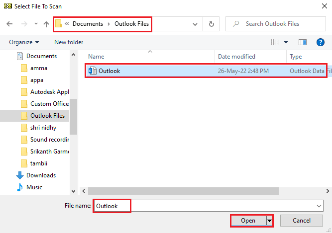 select the Outlook file and click on the Open button
