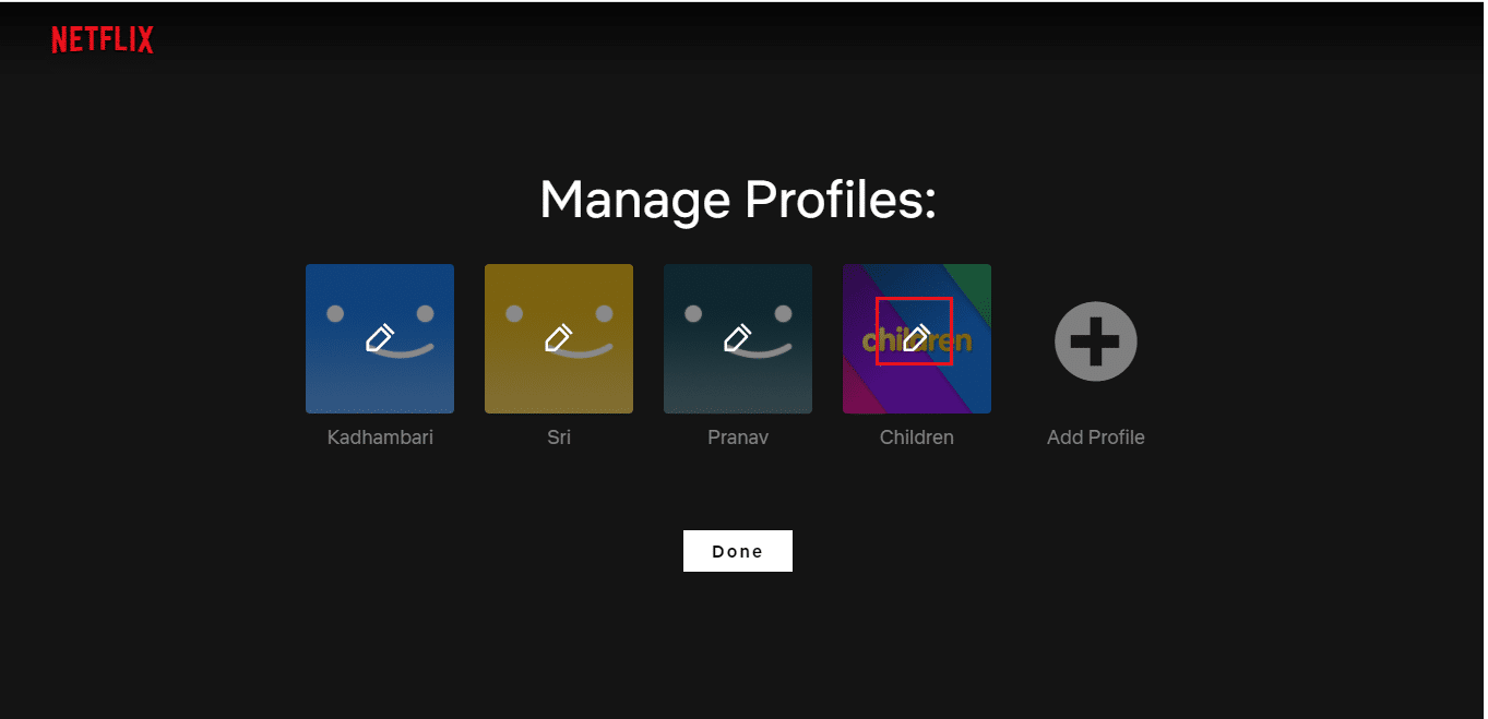 Select the pencil icon on Manage Profiles page