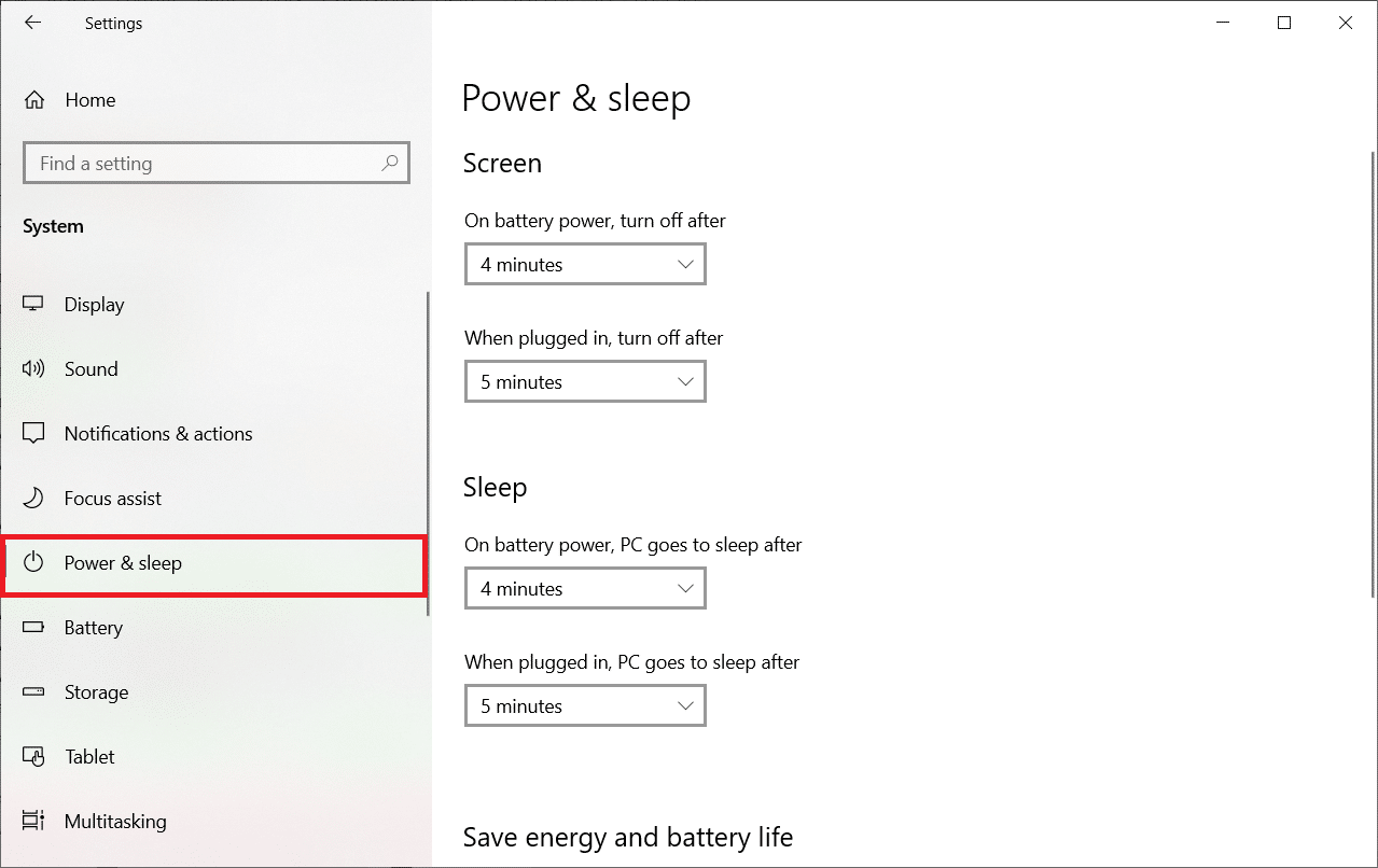 Select the Power and Sleep in the left pane