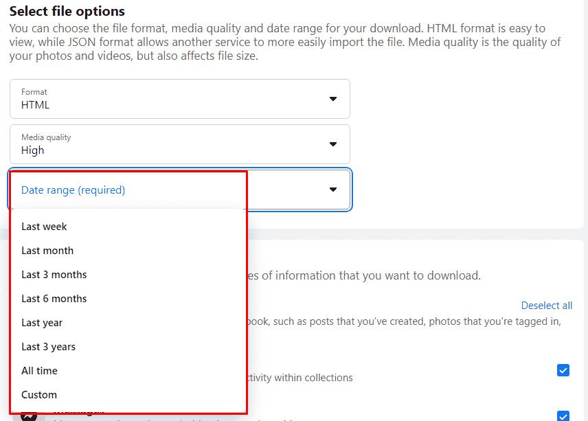 select the preferred Date range from the drop-down menu under the Select file options section