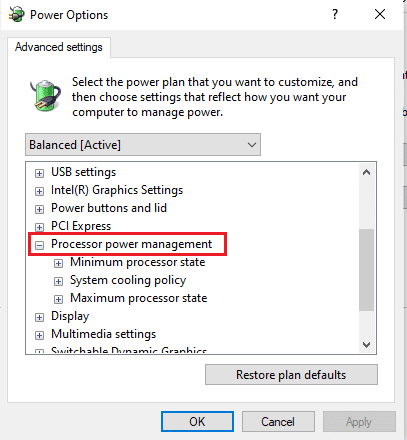 Select the Processor power management under Advanced settings power options window