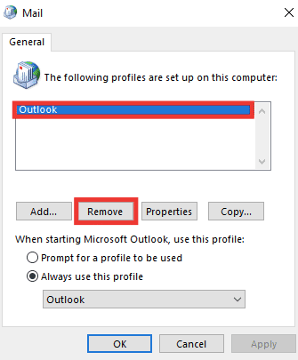 Выберите профиль и нажмите «Удалить». 14 способов исправить ошибку Microsoft Outlook 0x80040115