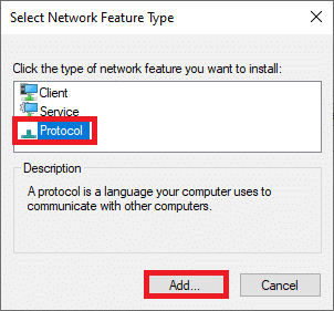 selecteer de optie Protocol en klik op Toevoegen… Repareren De Active Directory Domain Services is momenteel niet beschikbaar in Windows 10