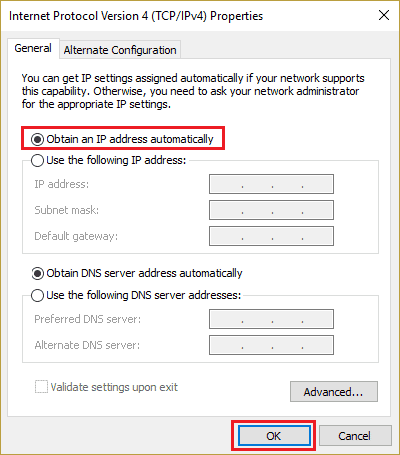Select the radio button for the Obtain an IP address automatically option and click OK