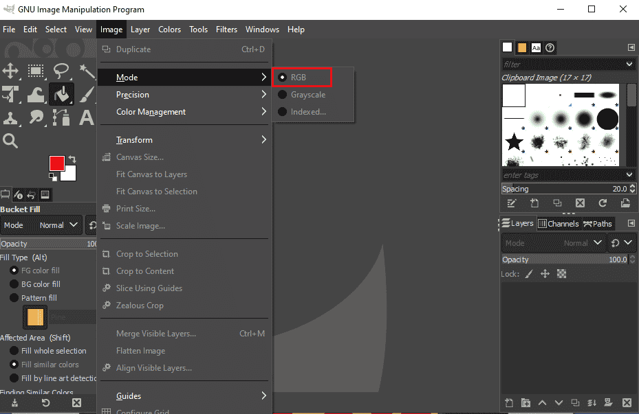 select the RBG option. Fix GIMP Paintbrush Tool Not Working