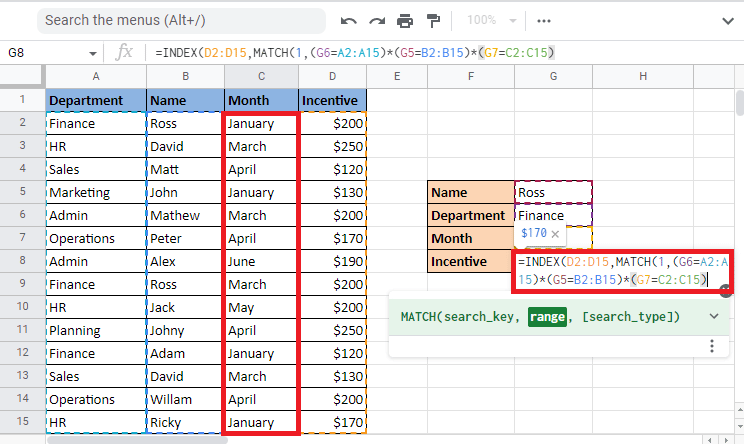 Select the reference cell G7 which is the month of March, put an equal to select the Month column and close the brackets 