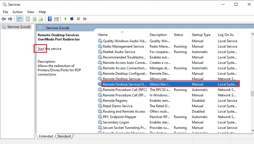 Select the Remote Desktop Services UserMode Port Redirector in the list and click on the Restart option. Fix Remote Desktop Cannot Connect to the Remote Computer