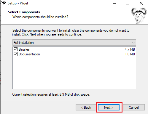 Select the required component and click Next | WGET for Windows 10
