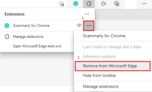 Select the respective extension and click on the three-dotted icon as shown. Now, select the Remove from Microsoft Edge option