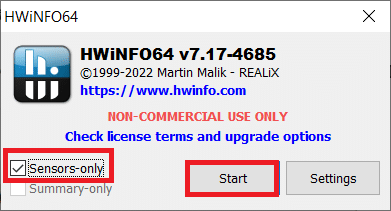 Select the Sensors only option and click the Start button as shown to start the installation process