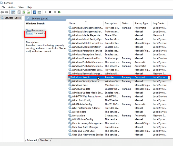 Select the service Windows Search in the list and click on the Restart option