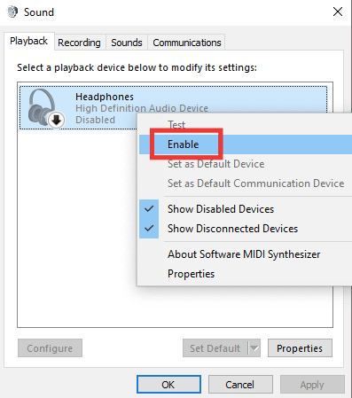 select the sound device then right click on it and click on enable