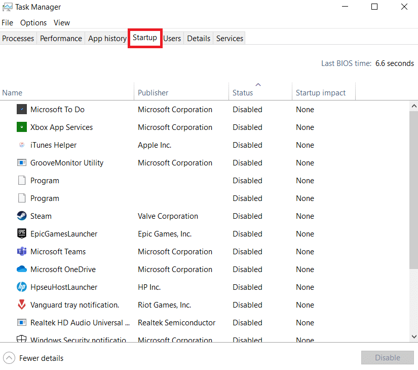 Select the Startup Tab. Fix Host Process for Setting Synchronization