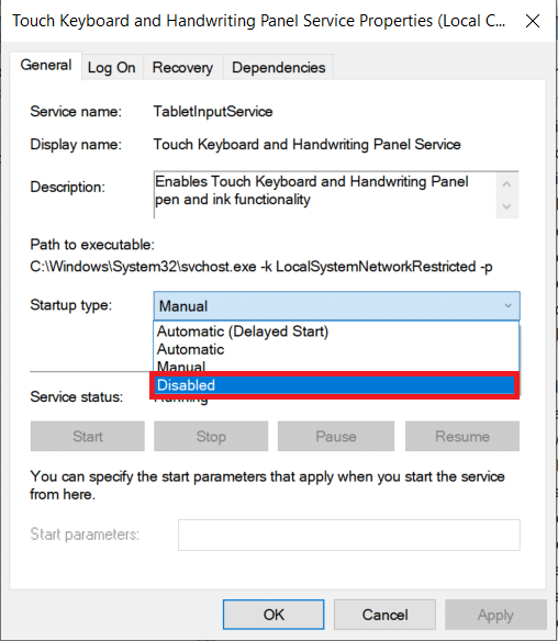 Select the Startup type to Disabled