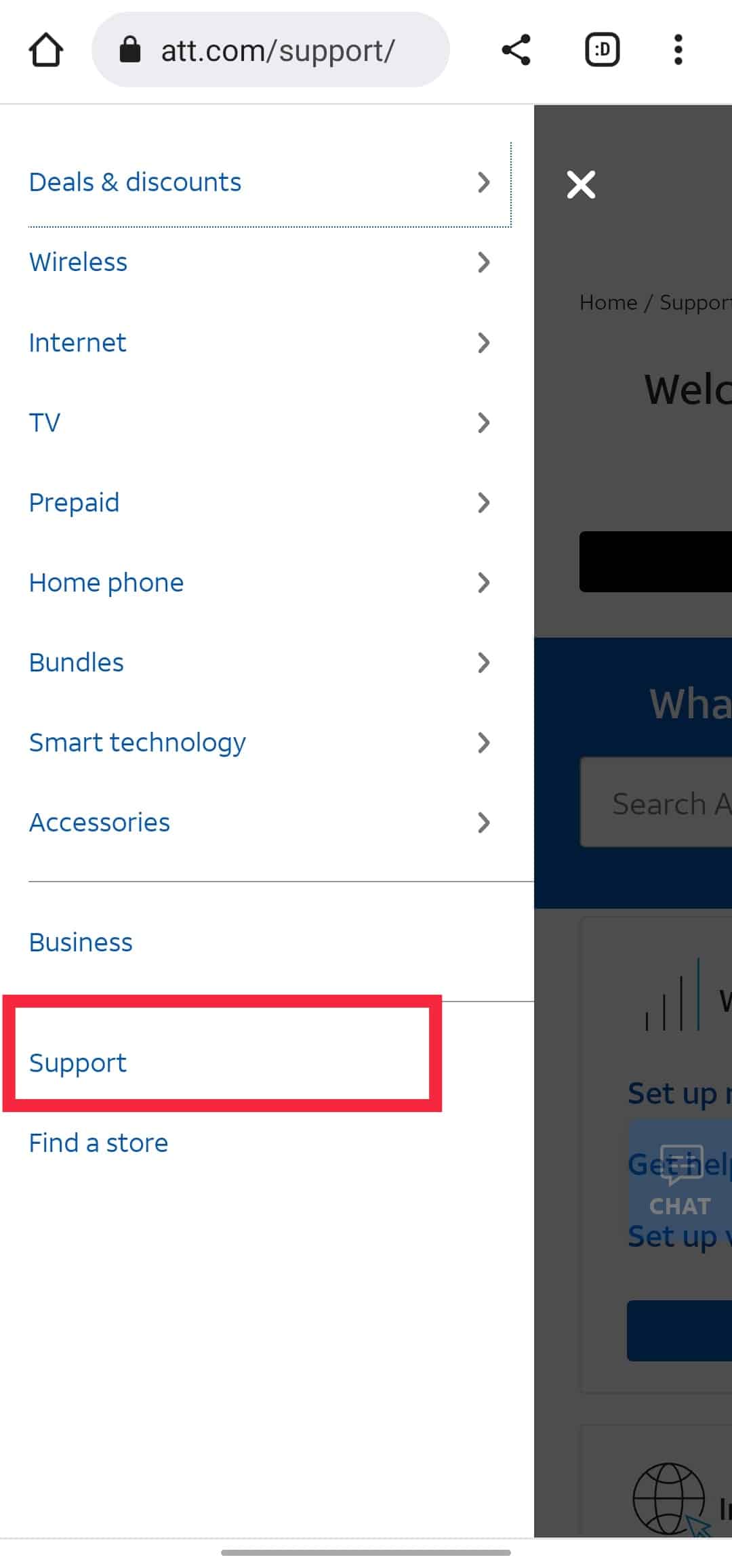 Select the Support option | change your ATT SIM card online