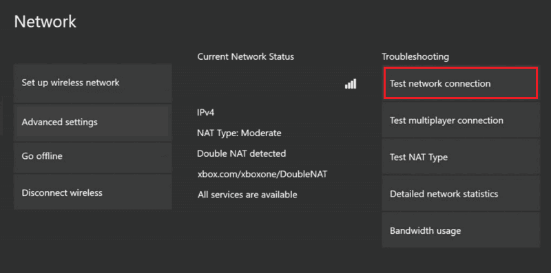 Sélectionnez l'option Tester la connexion réseau dans la section Dépannage pour tester la vitesse du réseau. Correction de l'erreur de développement 6032 de Call of Duty Vanguard sur Xbox