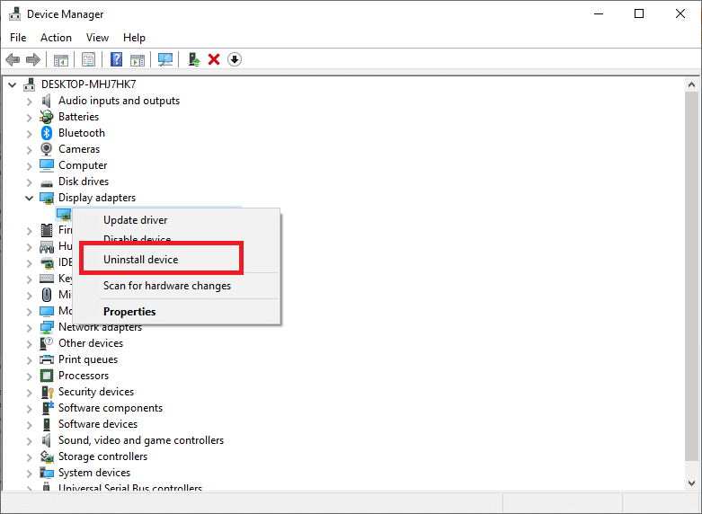select the Uninstall device option