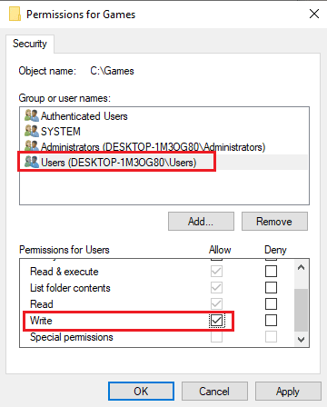 Select the user account in the Group or user name section and tick the Write option in the Allow column of the Permission for Users section. Fix Unable to Get Write Permissions for Fallout 3