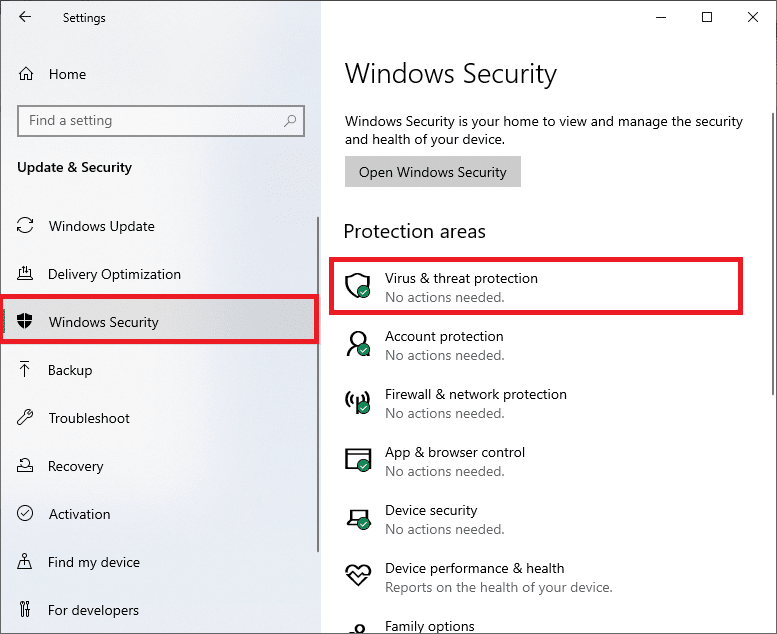 выберите параметр Защита от вирусов и угроз в разделе «Области защиты». Исправить ошибку «Ошибка сети изменена» в Windows 10.