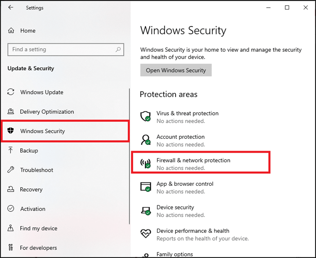 Select the Windows Security option from the left pane and click on Firewall & network protection