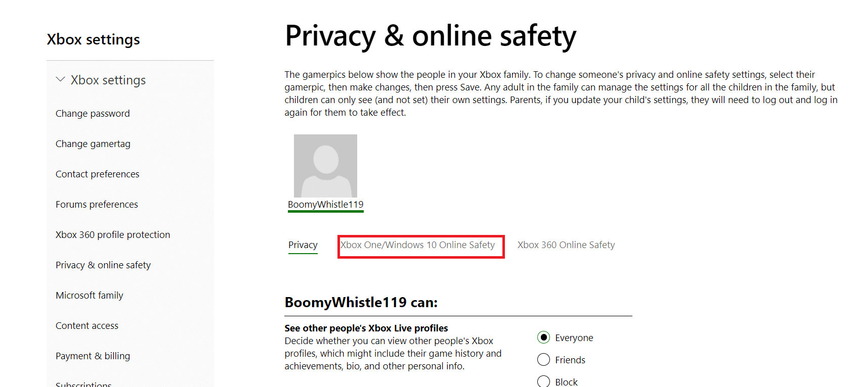 select the Xbox One or Windows 10 Online Safety tab