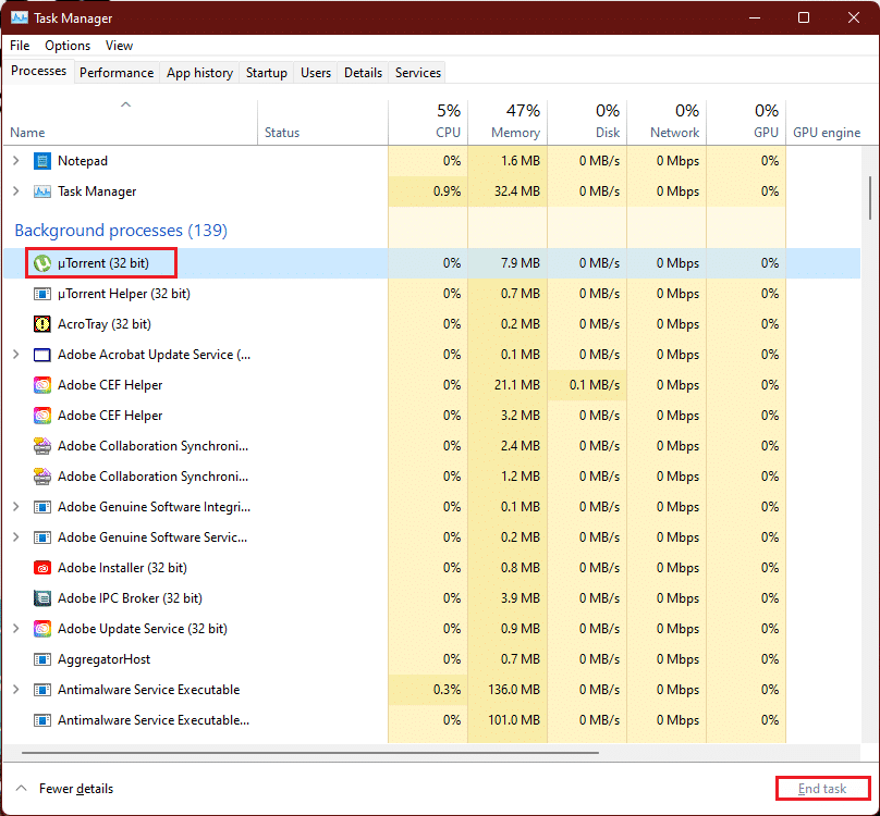 select uTorrent process and click on End task in Windows 11 Task Manager