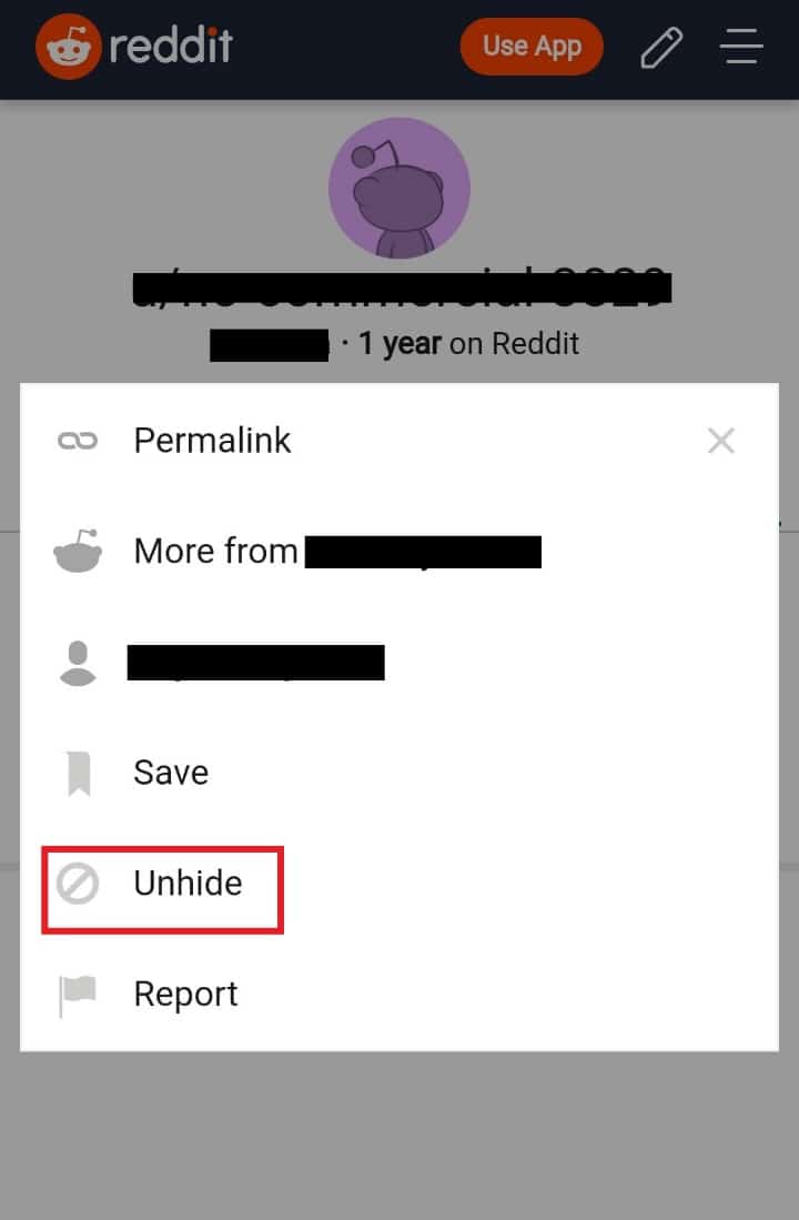Select Unhide | How to Unhide Posts on Reddit on Android