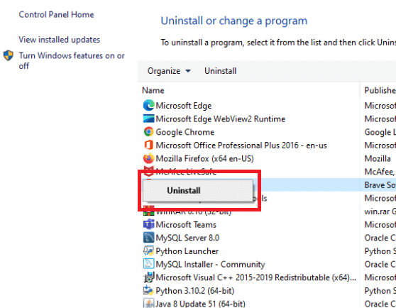 Select Uninstall from the menu that appears