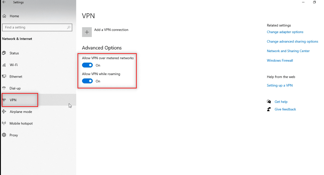 seleccione VPN y apague todos los servicios VPN