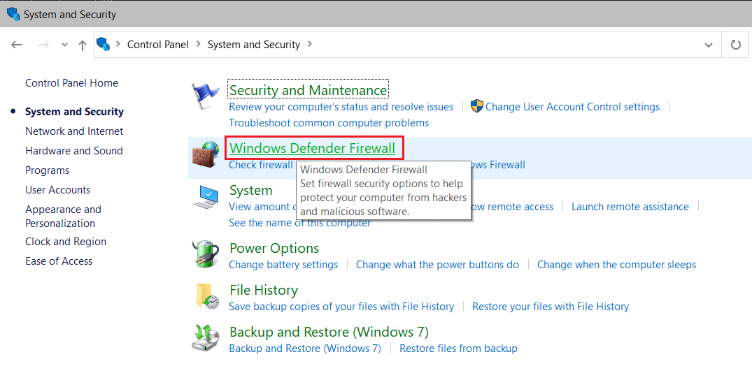 select Windows Defender Firewall in System and Security Control Panel.