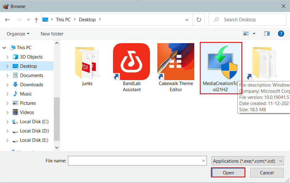 select windows media creation tool in browse