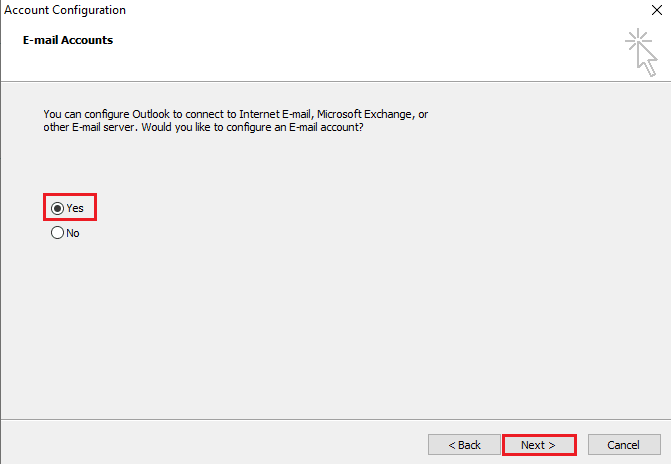 Select yes and click next. Fix Outlook Trying to Connect to Server