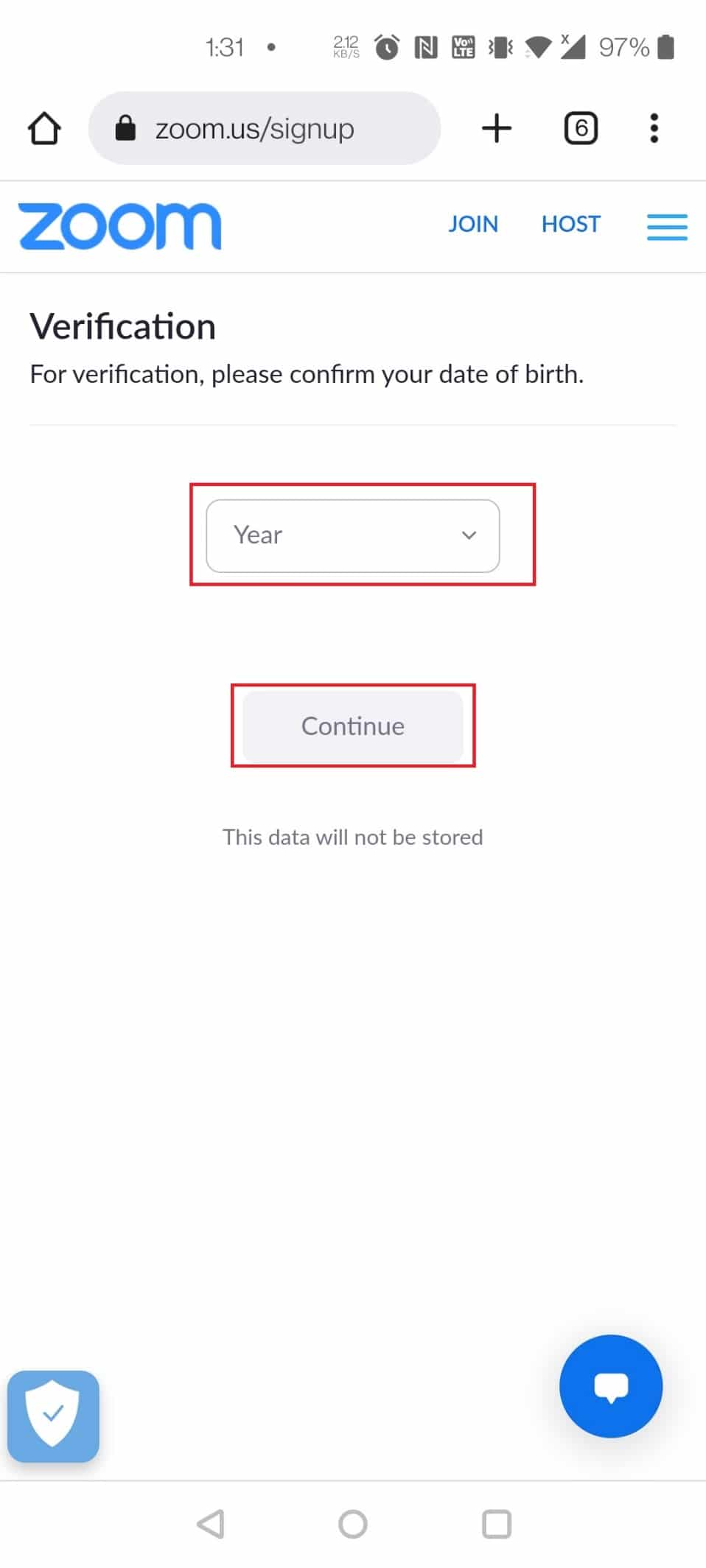 Select your birth year for verification and tap on the Continue button