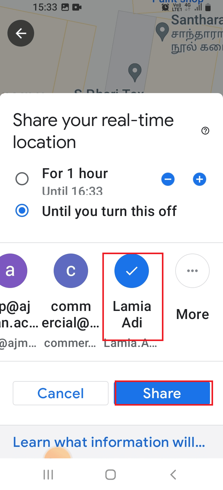 select your email address and tap on the Share button. How to Track Someone on Google Maps Without Them Knowing