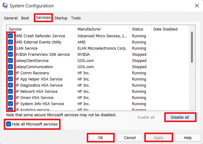 Services tab in System Configuration