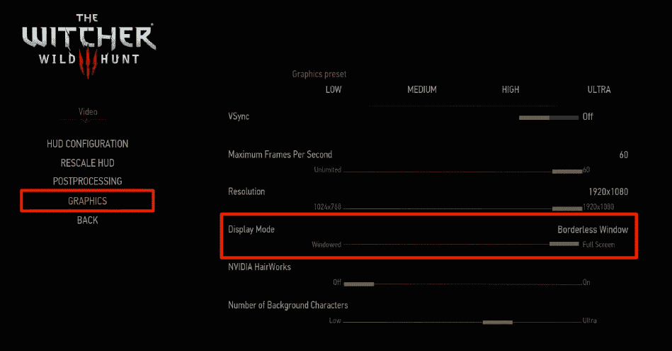 set Display Mode to Full Screen borderless window in witcher 3 graphics setting