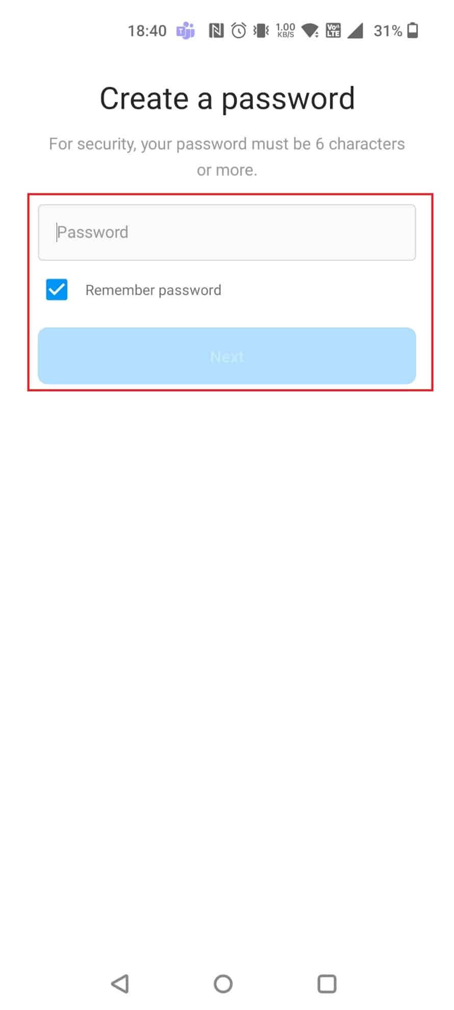 Set a password and tap on Next