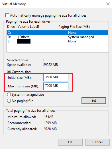 Set initial size to 3500 MB and maximum to 7000 MB | Fix Arma 3 Referenced Memory Error in Windows 10