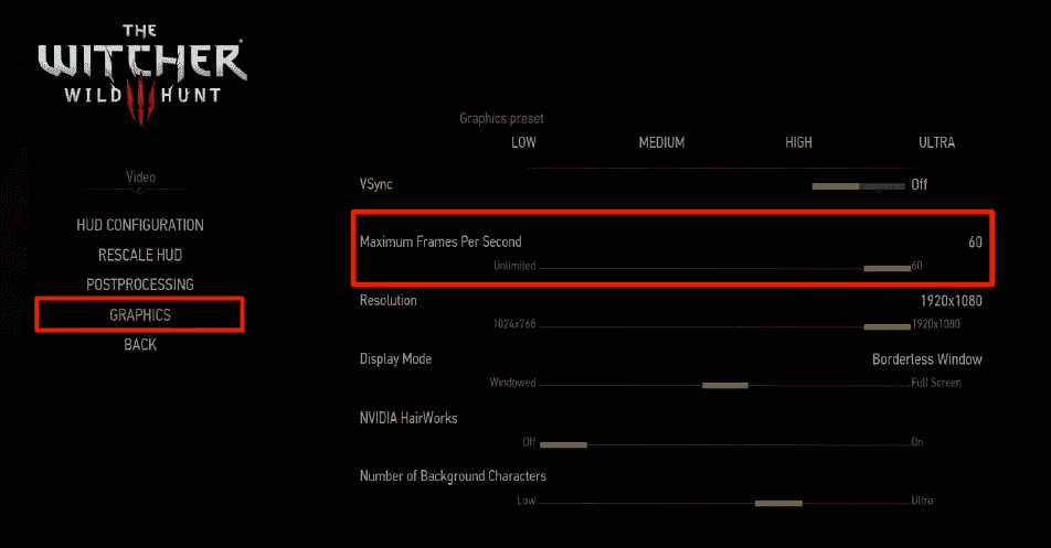 set maximum frames per second to 60 unlimited in witcher 3 graphics setting