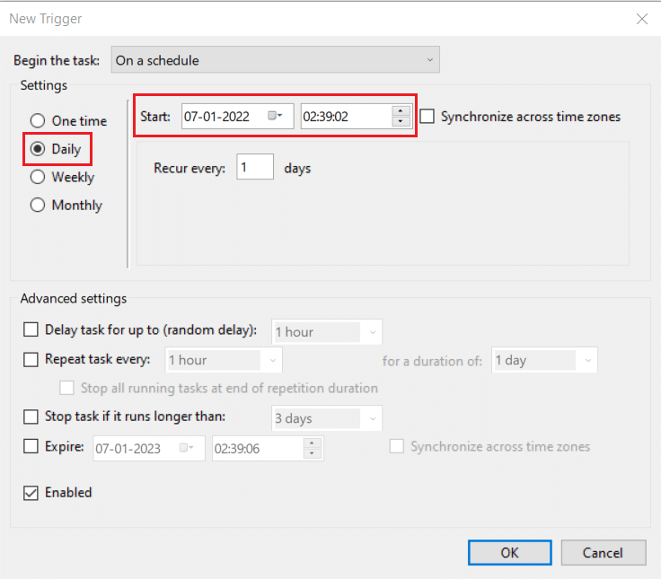 set new trigger to daily and start time and date in Create Task window Task Scheduler. How to Set Alarms in Windows 10