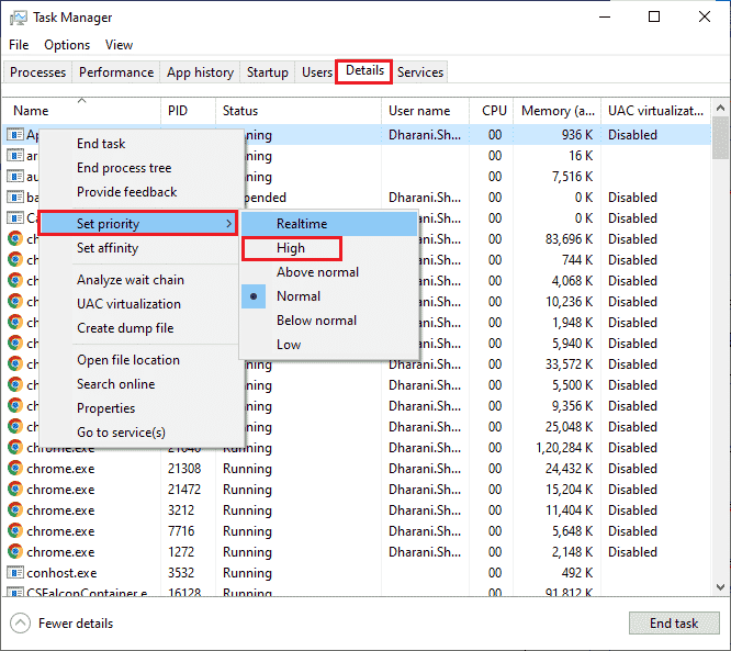set priority to high in task manager details process